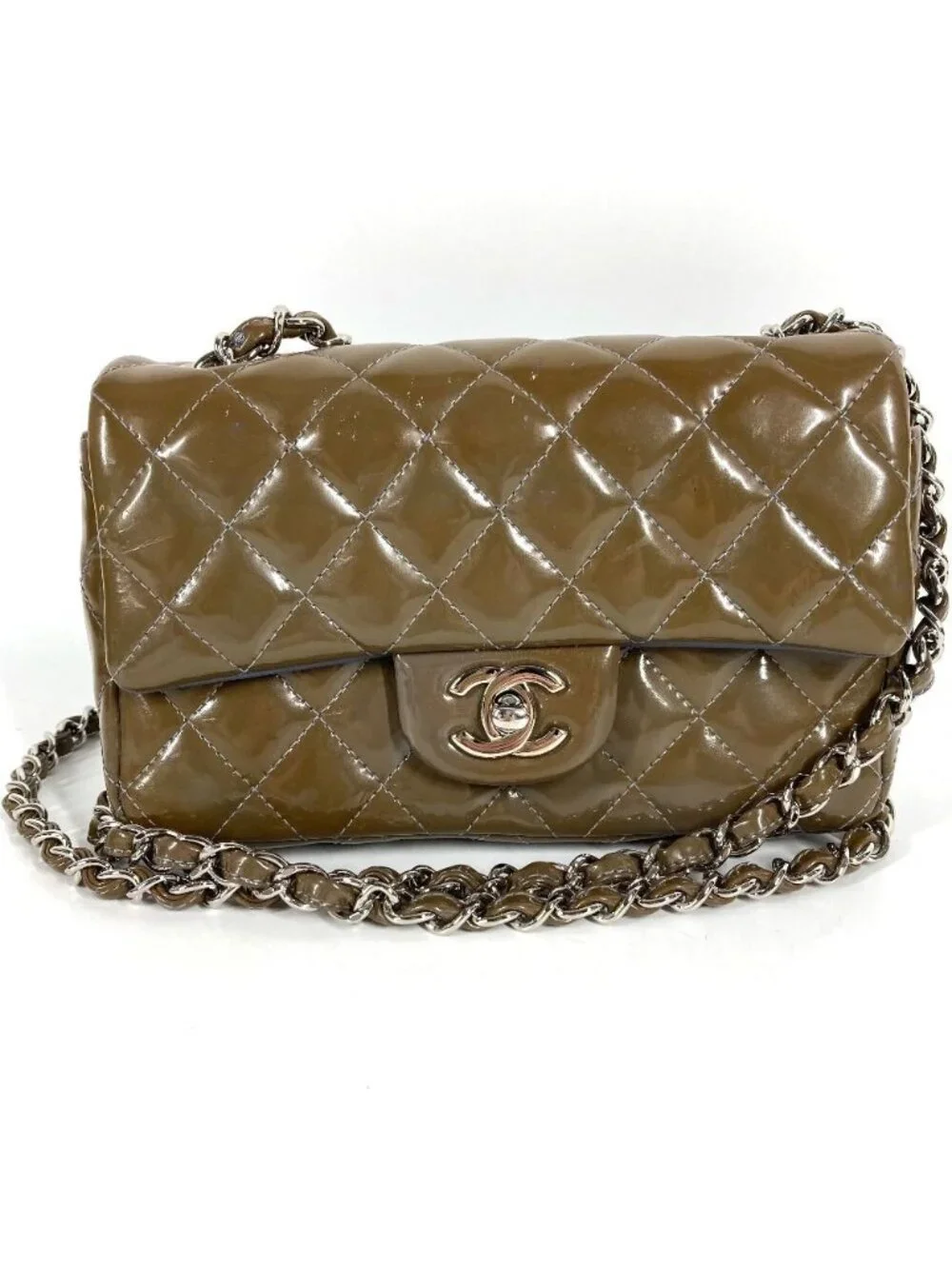 Chanel Shoulder Bag CC Logo Quilted Patent Leather Khaki